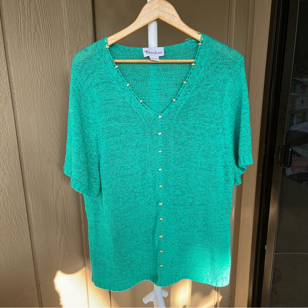 Vintage Tanjay Knit Short Sleeve Green Top Size XL